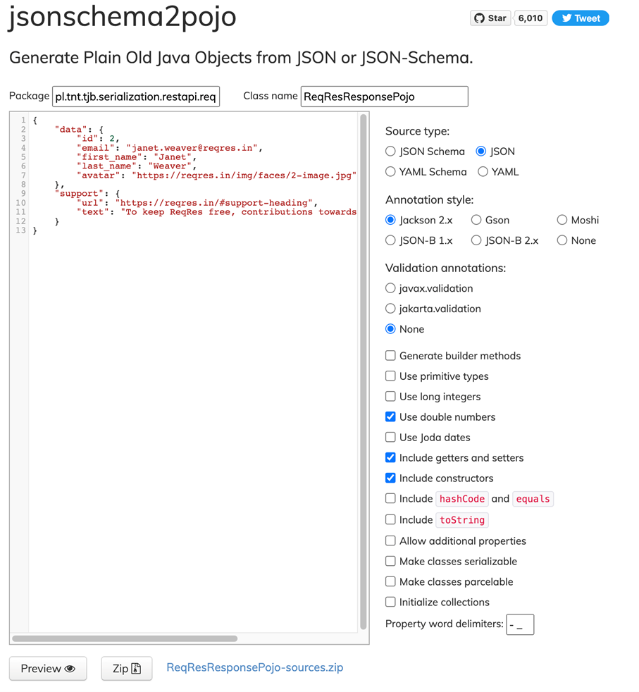 schemat POJO z Jsona