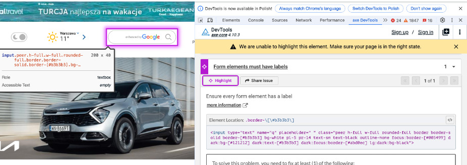 axe dev tool do testów dostępności z widoku dev tool